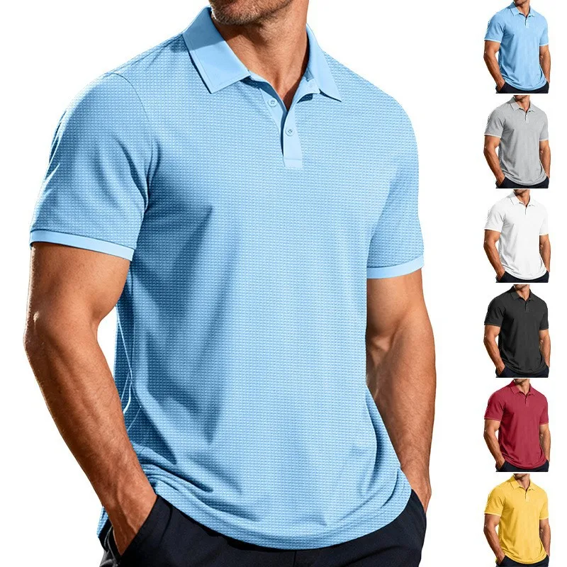 Men Solid Waffle Knit Polo Shirt, Short Sleeve Lapel Collar Button Placket Textured Breathable Casual Golf Tee, European America