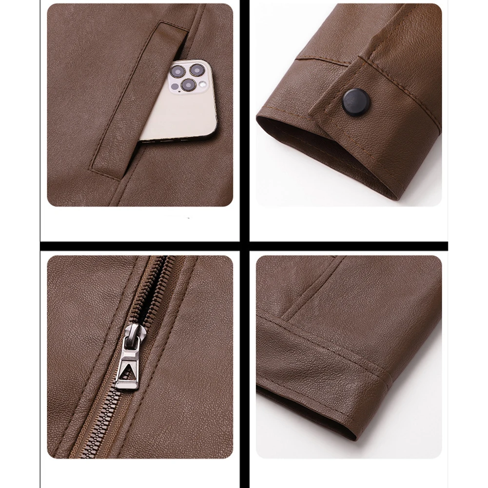 Men's Windproof Motorcycle Leather Jacket with Thin Velvet Lining and Zipper Front Suitable for Casual and Outdoor Use