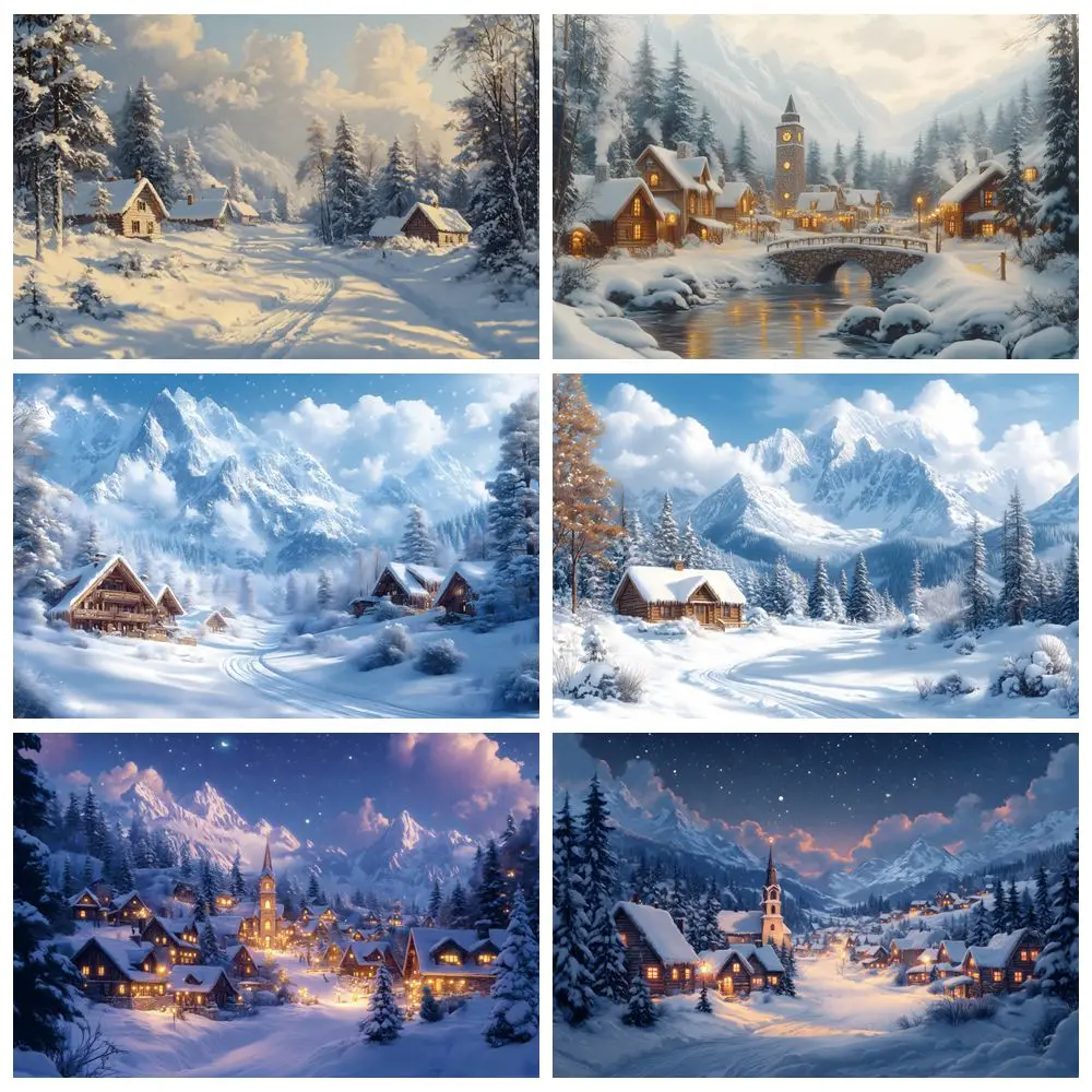 

Winter Outdoor Scenery Backdrop Photography Snow Mountain Forest Village Kids Family Portrait Photocall Background Photostudio