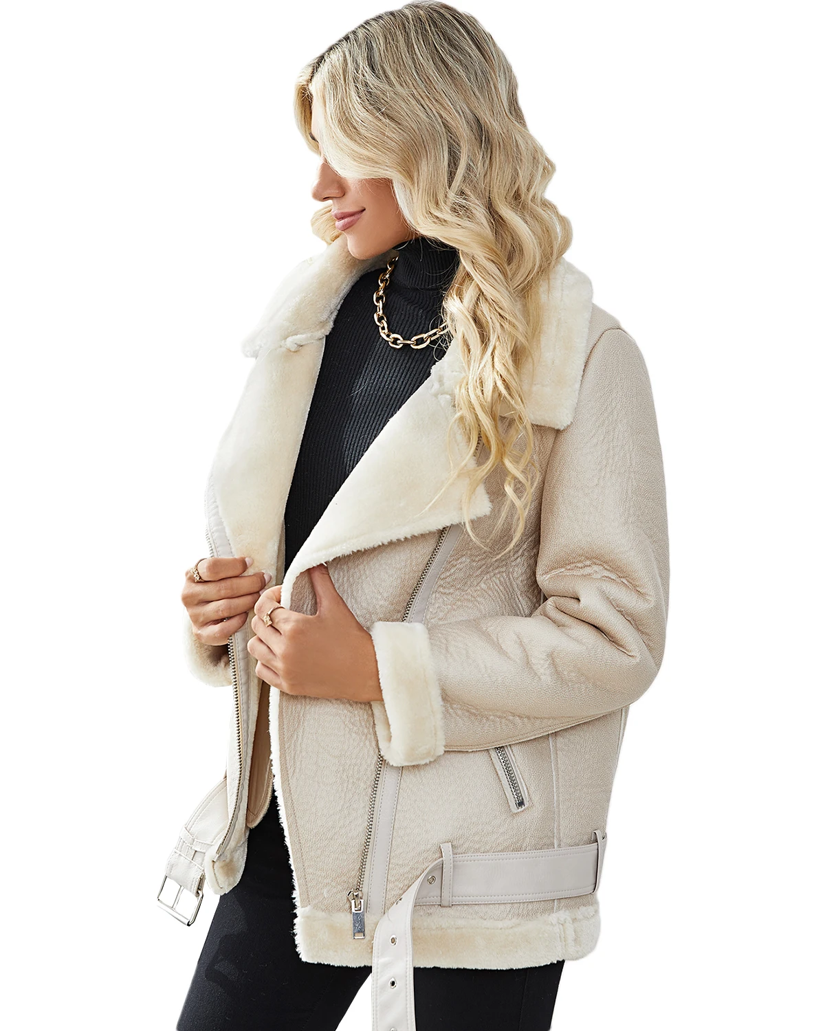 Fitaylor Autumn Winter Women Faux Suede Lamb Jacket Casual Lapel Thick Warm Motorcycle Leather Outwear
