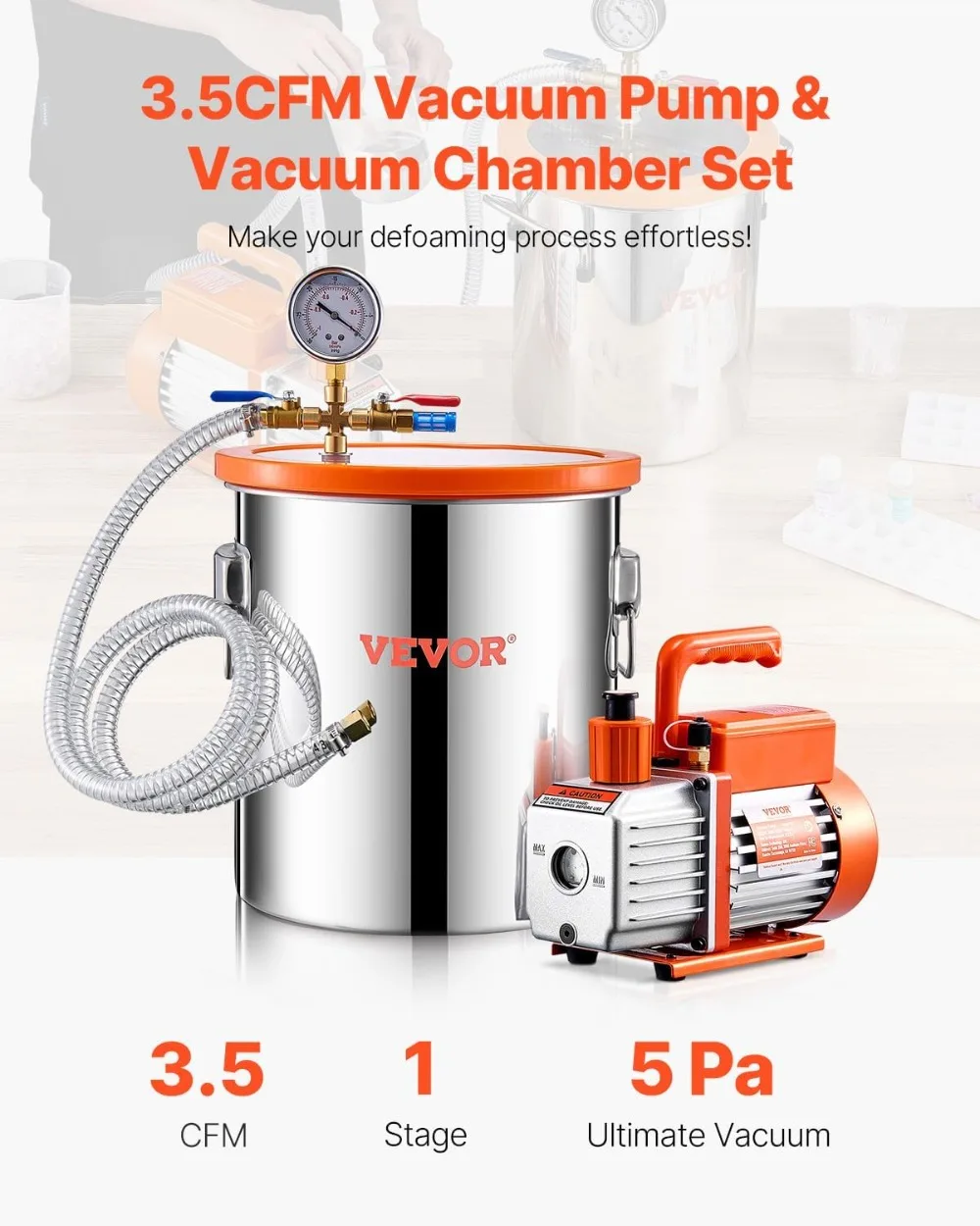 

5 Gallon Vacuum Chamber & 3.5 CFM Pump Kit, Stainless Steel Degassing for Resin Silicone Epoxy