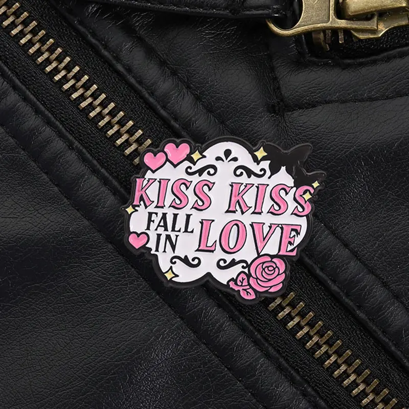 Kiss Kiss Fall In Love Gothic Enamel Pin, Retro Romantic Brooch With Pink Heart And Rose For Valentine Gift And Alt Fashion