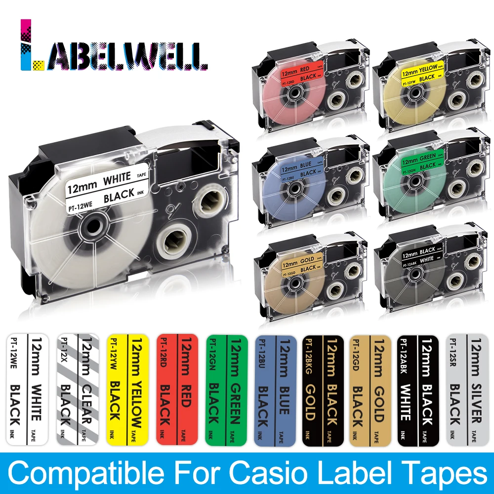 

Лента для принтера Labelwell XR-9WE, XR-12WE, XR6WE, для Casio 9/12, мм лента для маркировки, XR, 9WE, 12YW, производитель этикеток Casio KL-60, KL-60SR, KL-100