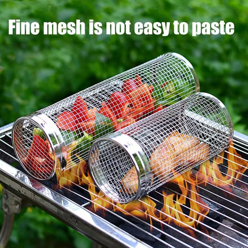 

Rolling Grill Basket, Grill Nets For Outdoor Grill Vegetable,Barbecue Stainless Steel Wire Mesh Cylinder (Large+Small)