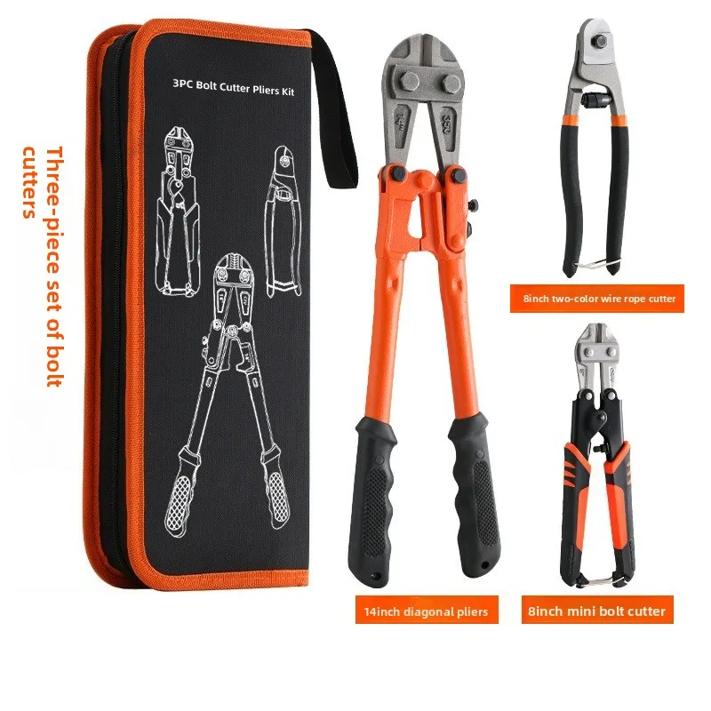 Chrome Vanadium Steel Cutting Plier Set 3 Pack, 8 Inch Mini Wire Rope Cutter and 14 Inch Bolt Cutter Combination