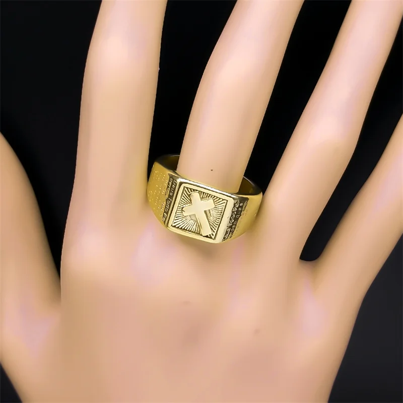 Punk Cross Bible Metal Ring for Men Women Stainless Steel Gold Plated Religious Rings Party Jewelry Gift for Boyfriend RRR550S05