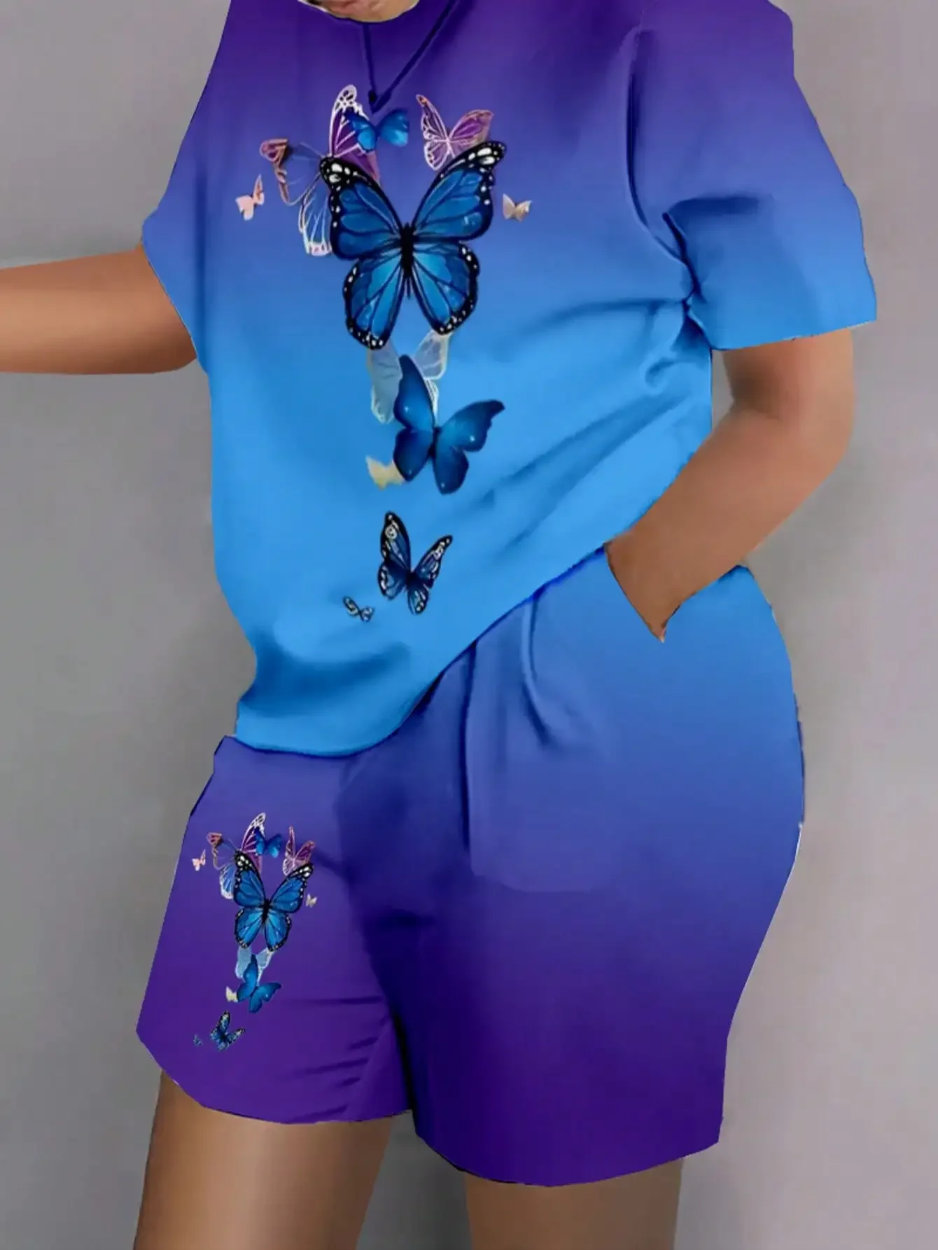 Conjunto de pijama informal con estampado abstracto colorido para mujer, camiseta y pantalones cortos de manga corta con cuello redondo, ropa de descanso de verano, talla grande 1XL-5XL