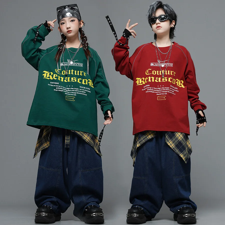 Children Girls Boys Streetwear Hip Hop Long Sleeve Loose T-shirt Denim Pant Sets Kids Sweatshirts Jeans Trousers Tracksuits