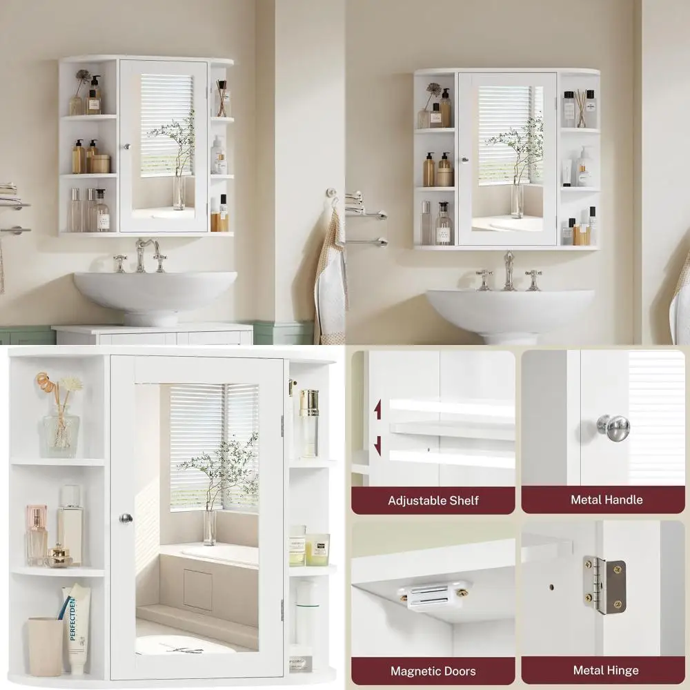 

Белый шкафчик для ванной комнаты с дверцей и регулируемыми зеркальными полками
