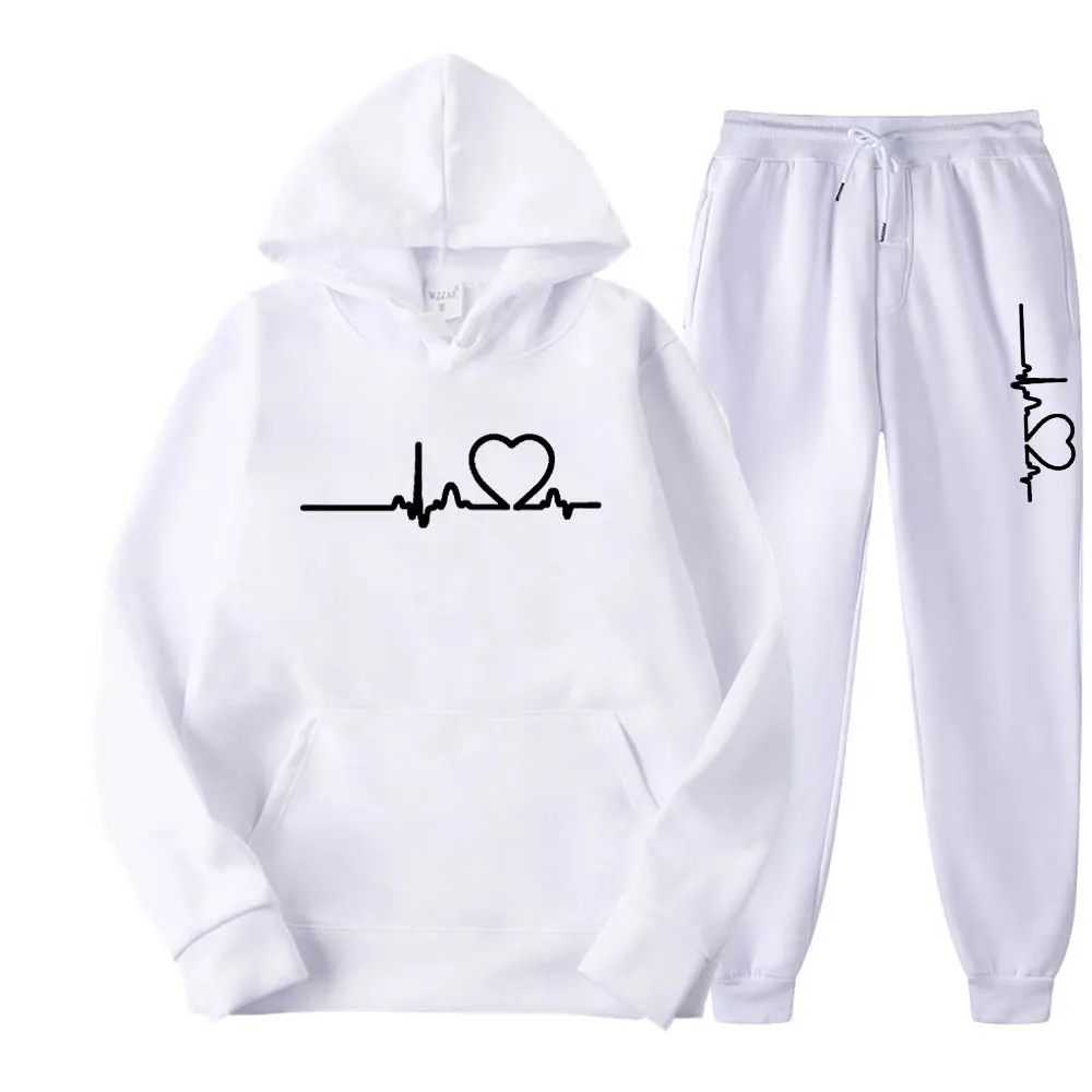 Men And Women Plus Fleece Hoodie Set Autumn And Winter Men Heart Figure Hoodie Trend Casual Men Printed Jogging Suit