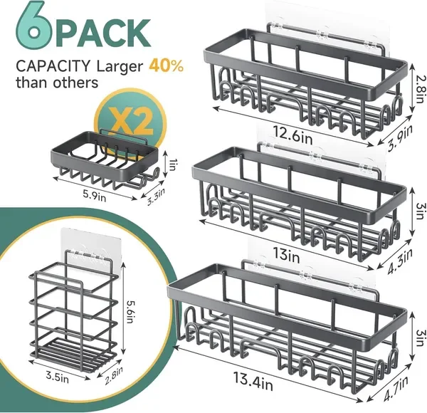 

Rustproof & Waterproof Shower Caddy 6-Pack, No Drilling Adhesive Shelves Rack with Soap Holder, Large