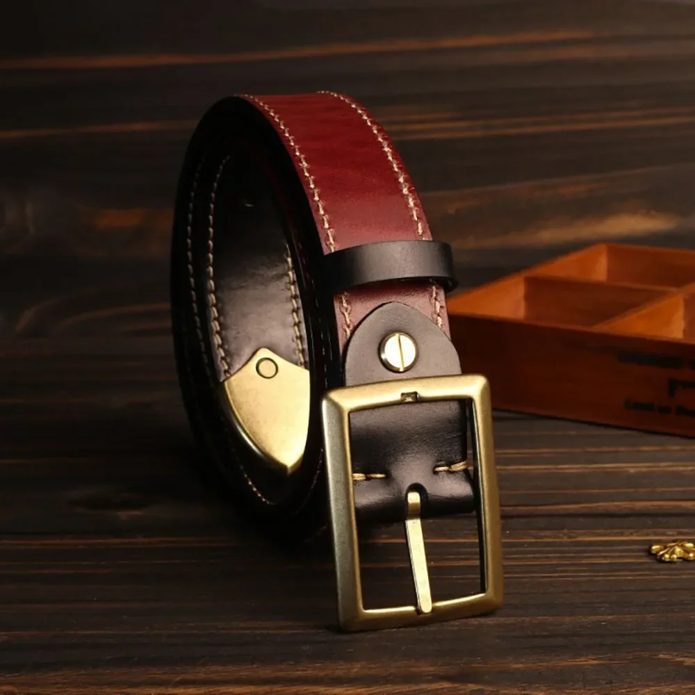 المألوف الرجعية الرجال رشاقته جلد البقر حزام على الوجهين مع النحاس الصلب لملابس العمل العصرية حزام جينز عرض 38 مللي متر