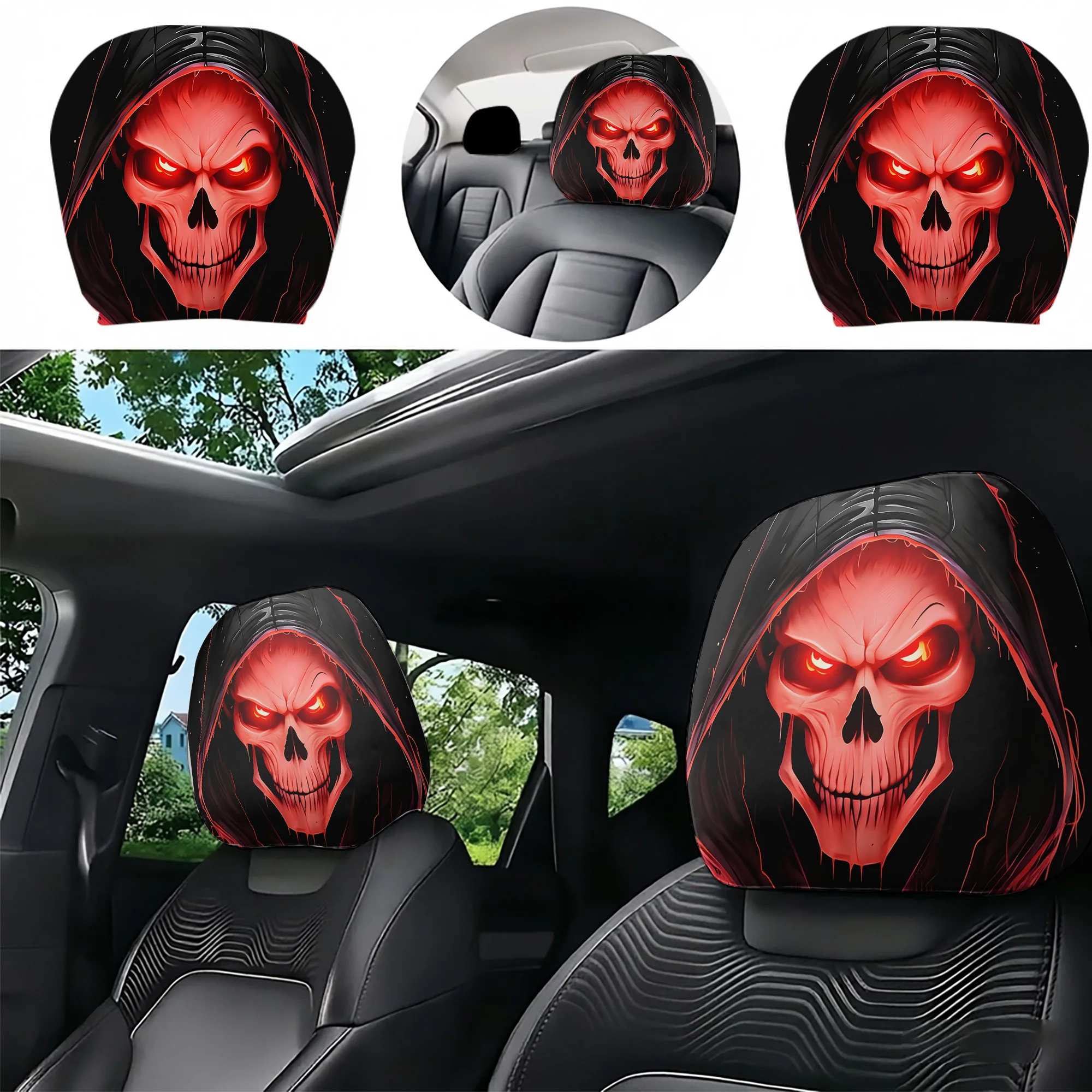 2pcs red skull car headrest covers to give your car interior a menacing vibe. Filling not included. Easy to install.