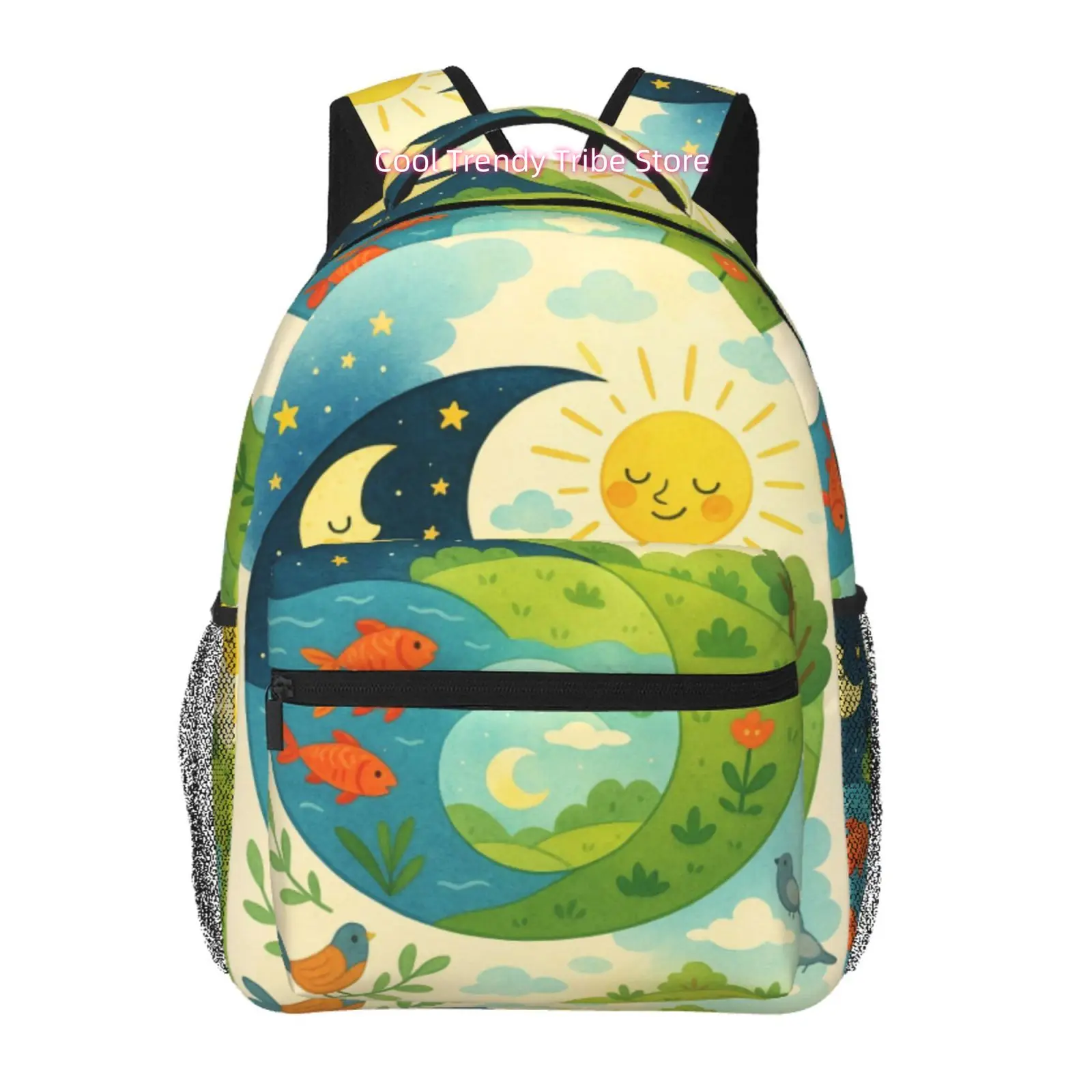 Cartoon Sun And Moon Nature Scene Print Backpack, Oxford Cloth, Adjustable Shoulder Straps, for Women Travel, Outdoor And Daily