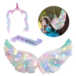 Girls Unicorn Wig Cute Hairband Children Unicorn Headband Rainbow Wings For Kids Photo Props Birthday Party Hair Accessories