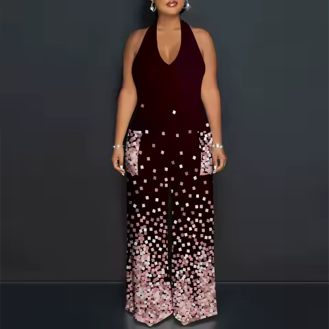 Modern Geometric Square Halter V-Neck Maxi Dress - Women's Bold Chic Party Resortwear Evening Beachwear