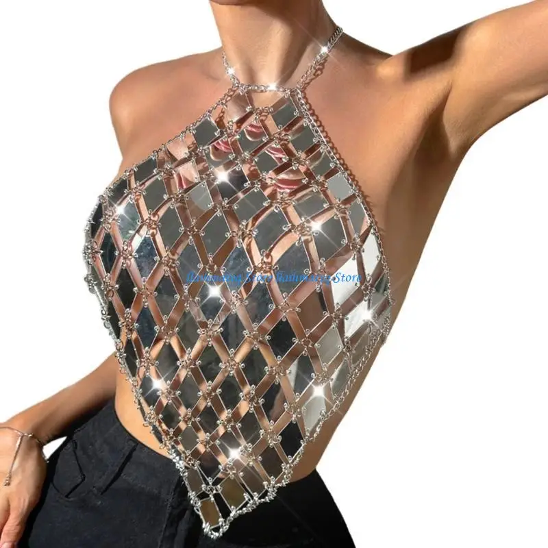 

573B Women Diamond Sequins Halterneck Crop Top Festival Backless Camisole Body Chain