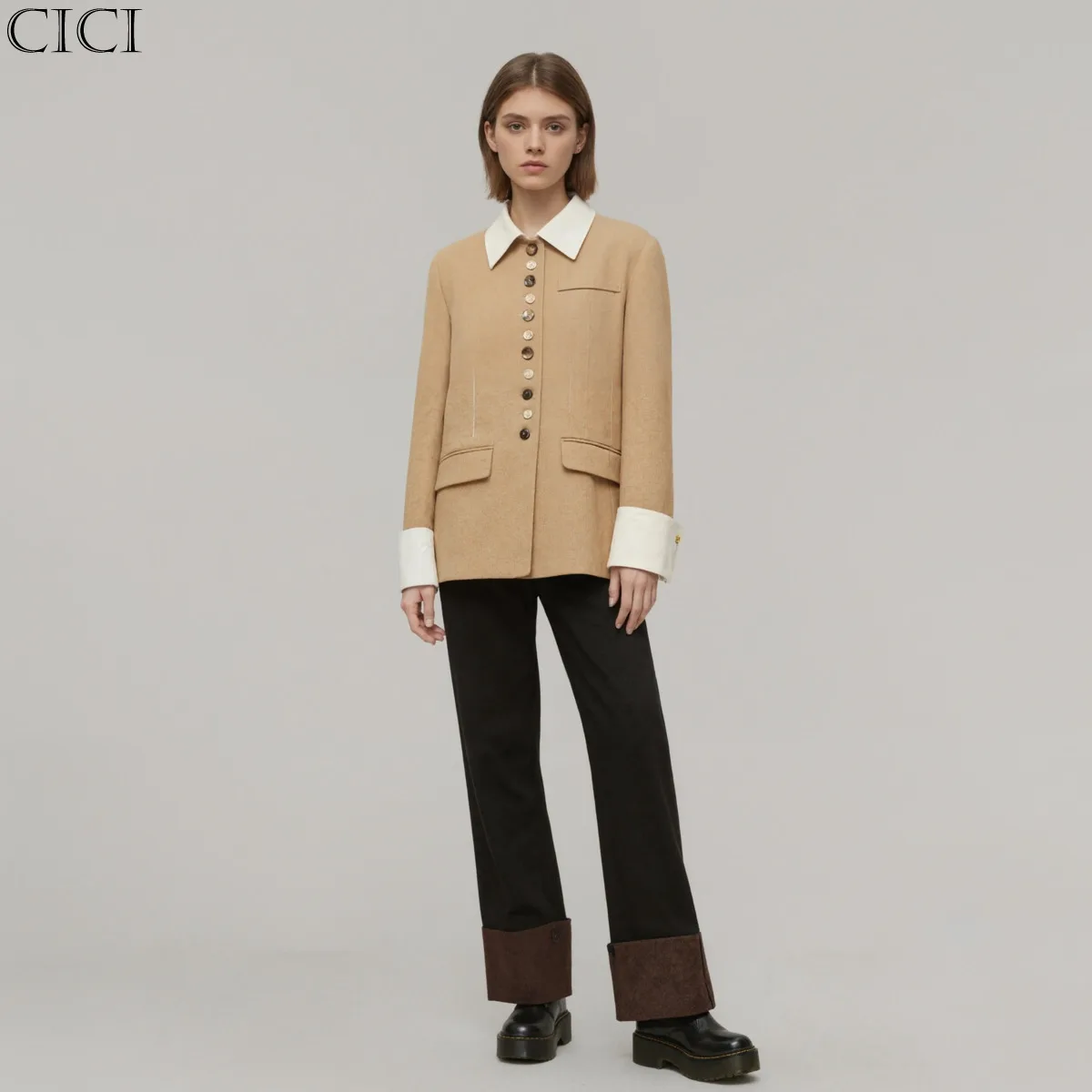CiCi 2025 أحدث معطف الخريف والشتاء النسائي البوليستر الجاكار متعدد الأزرار اللون حجب الفني كم طويل ملابس خارجية #1