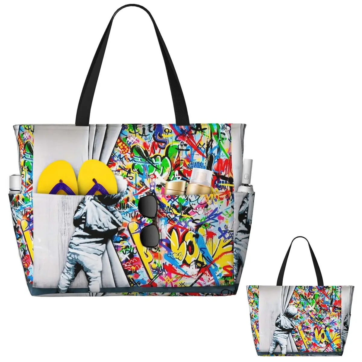 

Behind The Curtain Boy Banksy Street Art Mural Beach Tote Bag Sport Gym Yoga Duffle Large Tote Bag Women Travel Bag Fitness bag