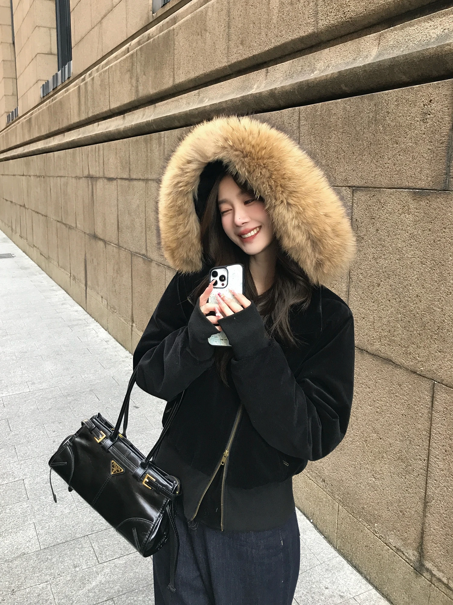 

Retro Women's ort Parka Coat with Fur Collar And Hood Rabbitskin Leather Jaet Comfortable Warm Pure Color Winter Outfit