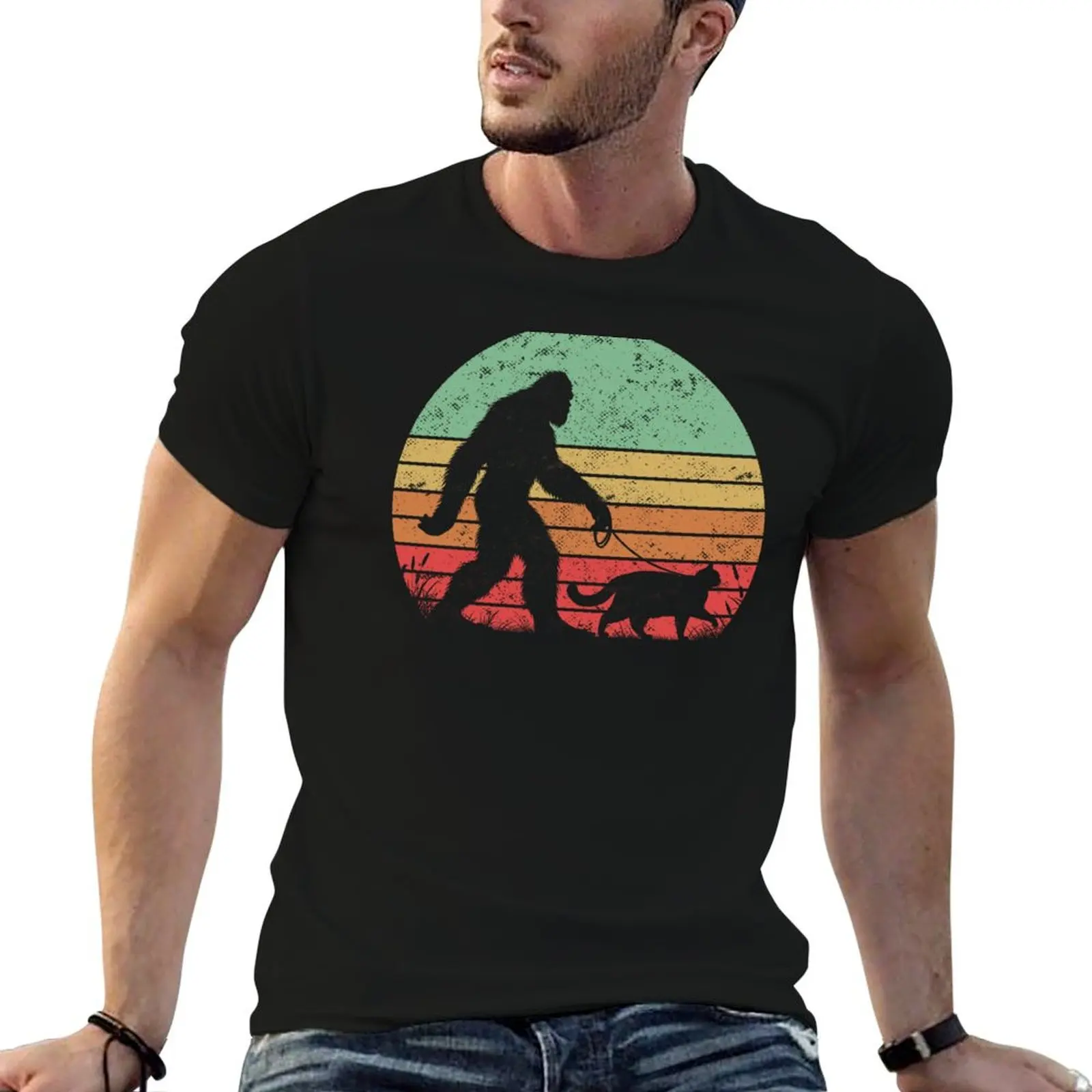 

Bigfoot Sasquatch Hiking With Chunky Cat Vintage Sunset Outdoor T-Shirt cotton t shirt man T-Shirt