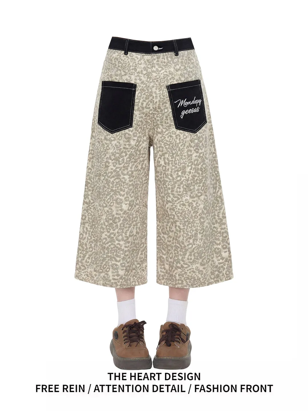 

American Style Retro Leopard Print Patchwork Pocket Blade Seven-Foot Pants Women Summer New High Street Loose Jeans Shorts