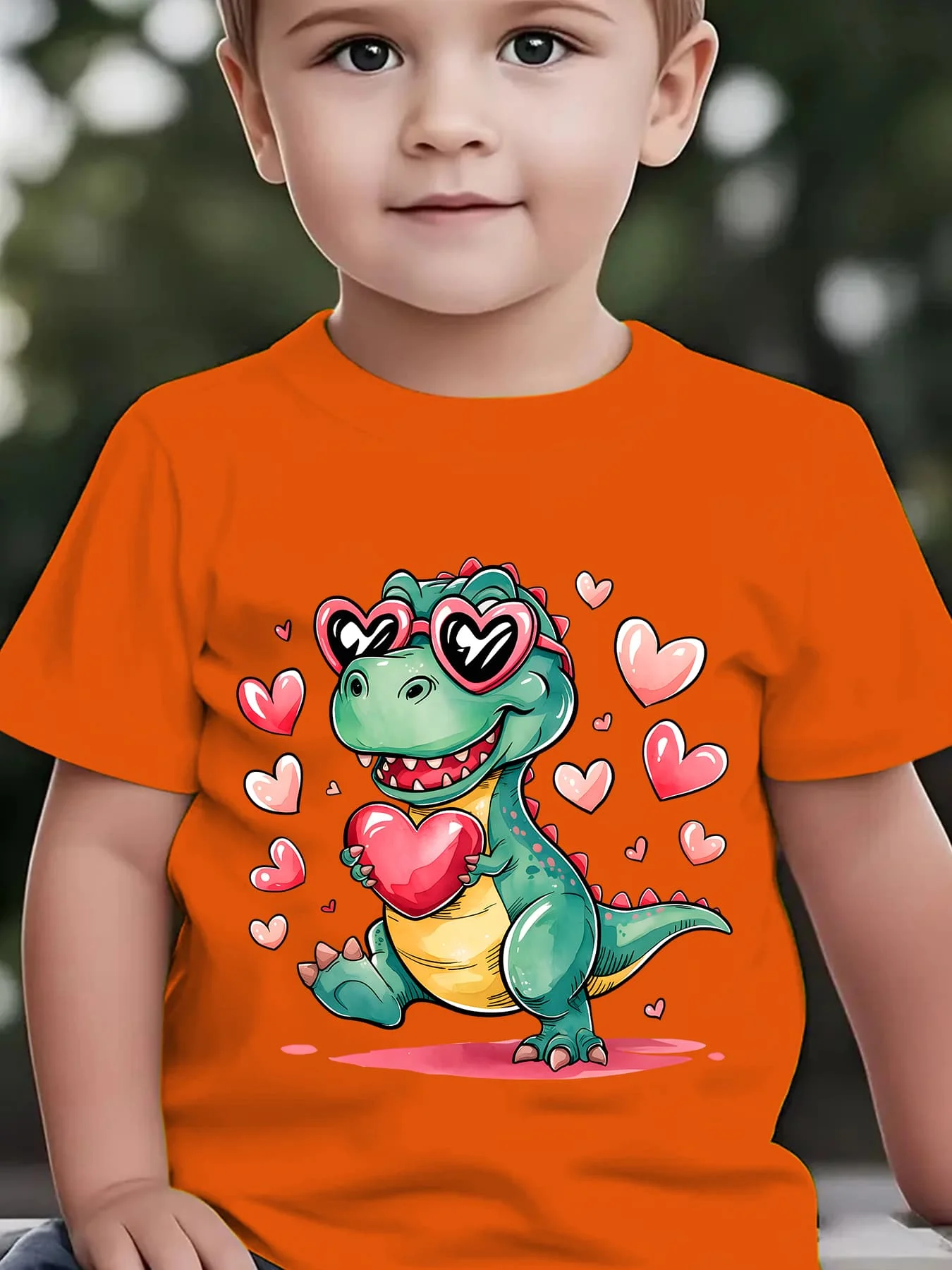 Summer Children's Fashionable  T-shirt with Happy Dinosaur Cartoon Pattern Printed Casual Parent-child Top Holding Love