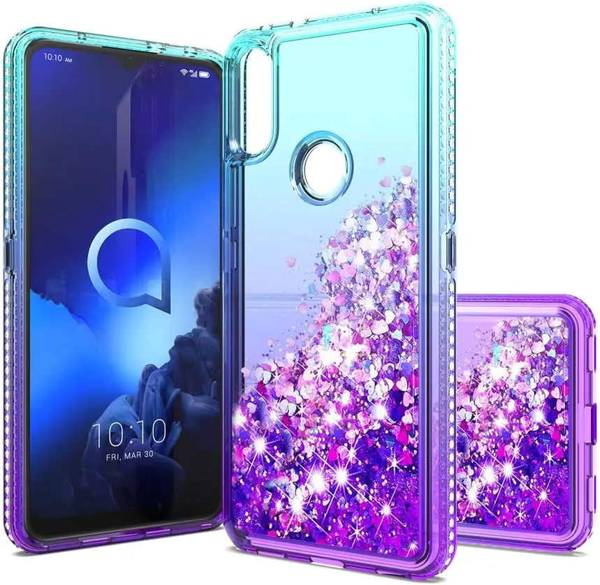 For Alcatel 3V 2019 Shockproof Glitter Liquid Bling Diamond Quicksand Case Transparent Phone Protective Cover