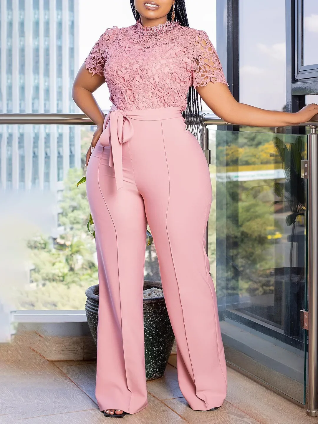 Summer Fashion Lace Wide Leg Jumpsuit African Women Elegant OL Lace Patchwork High Waisted Wide Leg Jumpsuit Women