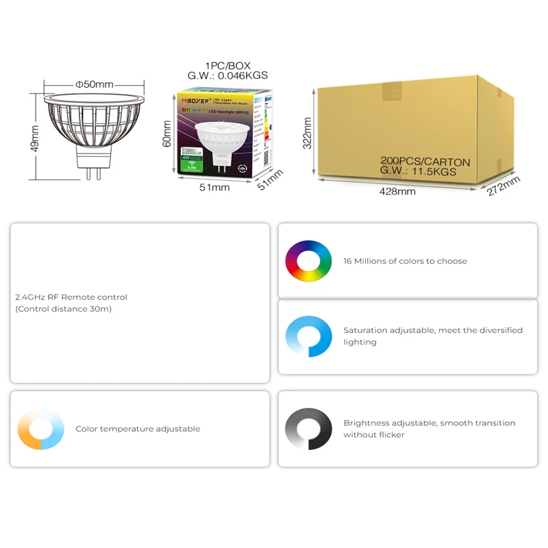 FUT104 MR16 4W RGB + CCT LED Spotlight Bulb 400LM Dimmable AC/DC 12V led Lamp Light 2700K~6500K Compatible with 2.4G RF Control