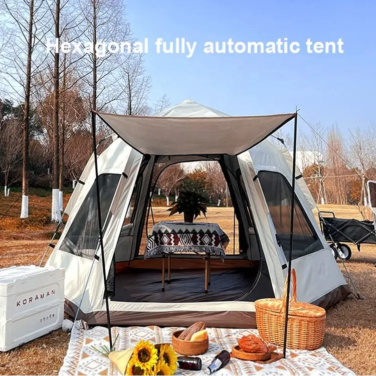 Waterproof Windproof Family Camping Tent Large Space Double Layers Hexagonal Fully Automatic Tent