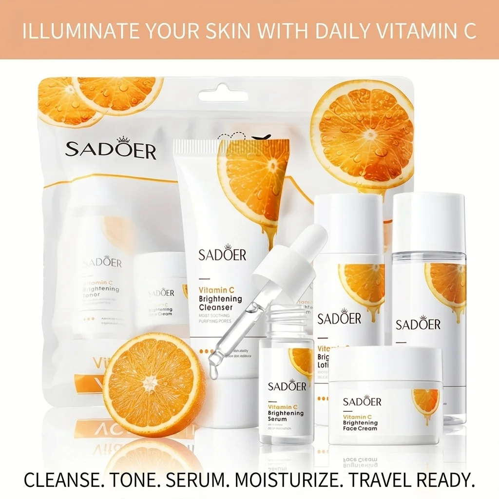 Conjunto de Cuidados com a Pele em Tamanho Mini de 5 Peças com Vitamina C: Kit de Cuidados Faciais Iluminador e Hidratante: Limpador, Tônico, Sérum, L