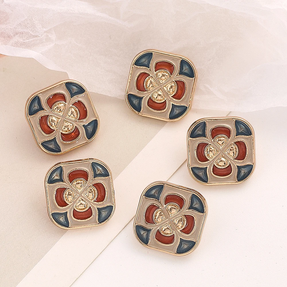 

1PC 17MM Alloy Enamel Square Buttons Sweater Knitwear Jacket Delicate Shaped Ethnic Metal Buttons DIY Sewing Accessories