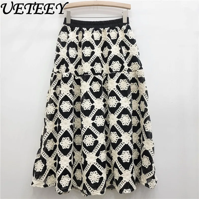 Gonna lunga all'uncinetto pesante di nicchia Donna Elastico a vita alta Dimagrante Gonna a ombrello floreale a trapezio Gonna versatile di media lunghezza femminile