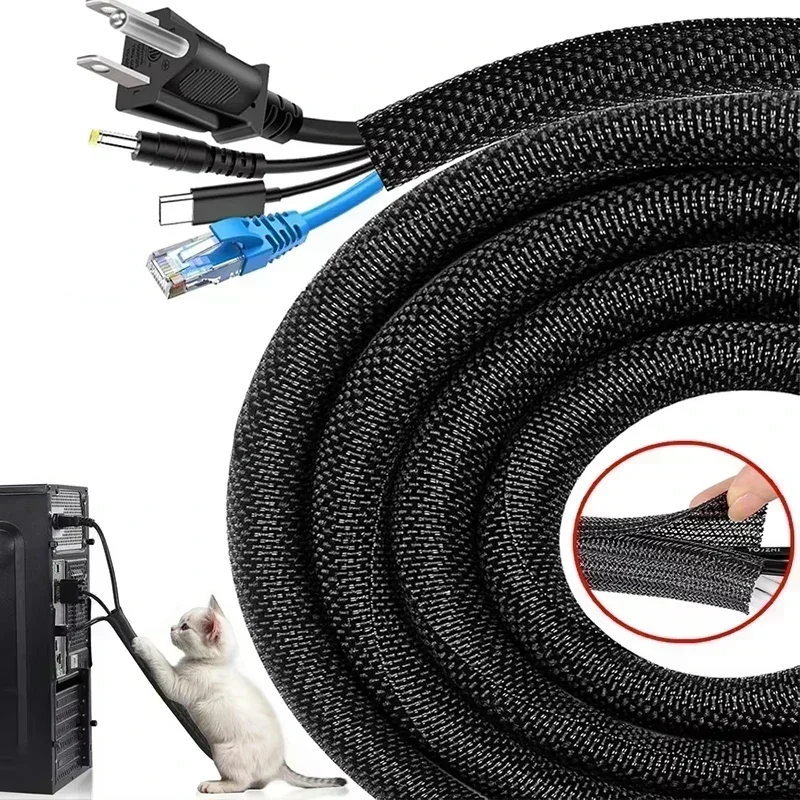 1/3/9m Braided Cable Sleeve Self-Closing Cord Protector Wire Management Puppy Proof Bite-Resistant Cable Organizers for Office