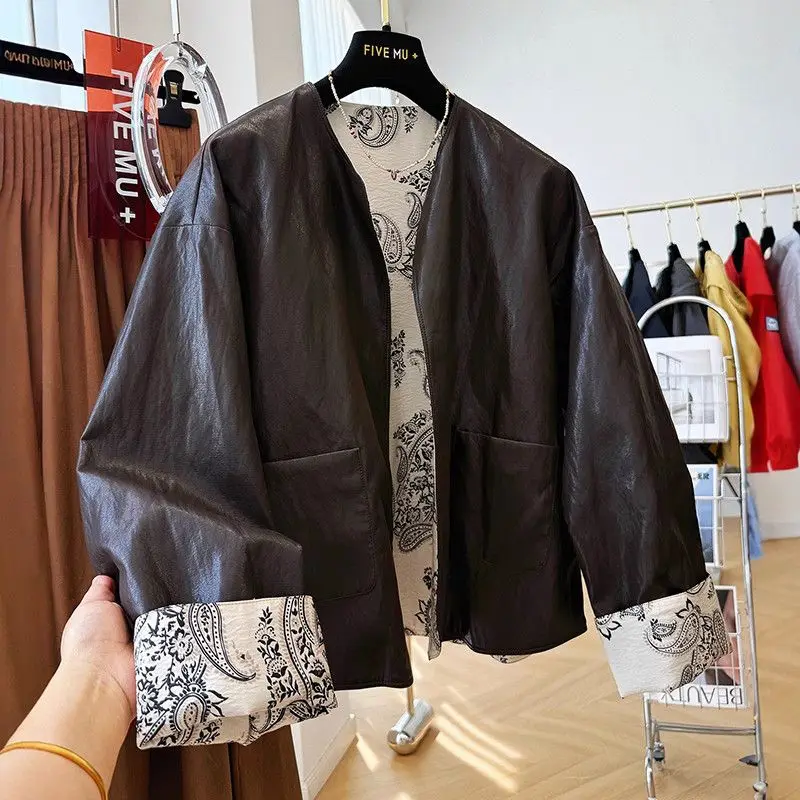 Chinese Style Printed Double-Sided Leather Jacket For Spring And Autumn, High-End Round Neck Pu Loose Casual Top