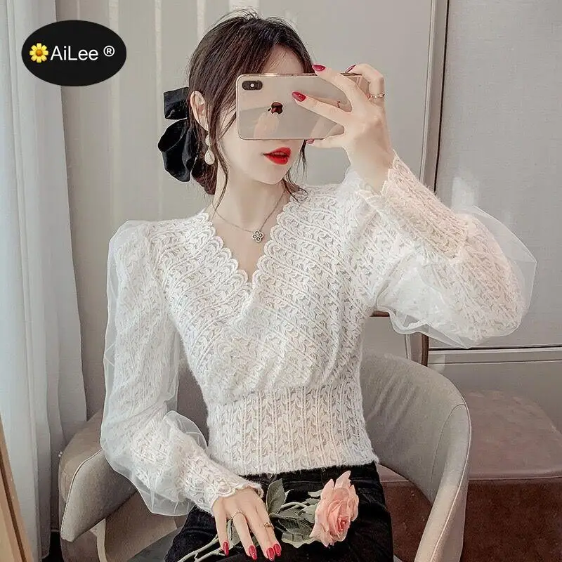 Super Fairy Short High Street Blouse Women Lantern Long Sleeve Pullover V Neck Tops Lace Crochet Party Date Dinner Banquet Shirt