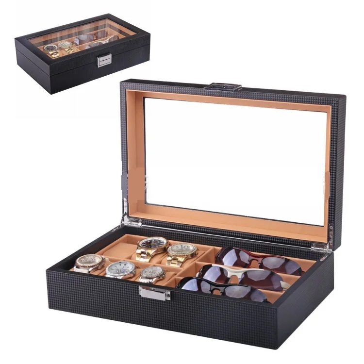 Retro version PU leather imitation wood grain 6-grid watch+3 glasses necklace jewelry storage collection display box large space