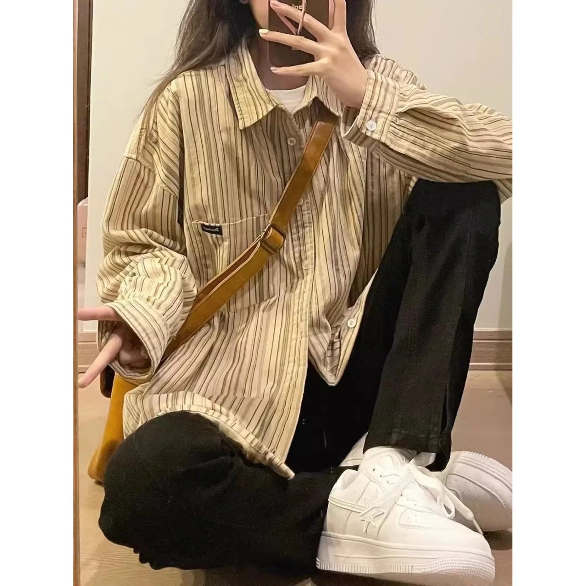 

Retro Japanese Streetwear Embroidered Striped Long Sve Casual irt Men's Spring Autumn Loose Fit Polyester Workwear