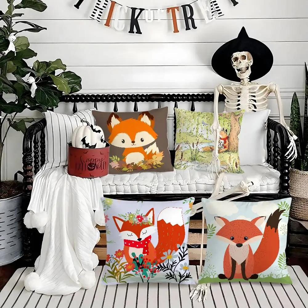 

Kwaii Fox Cute Woodland Pillow Case Soft Plush Fabric Double Sided Print Decorative Home Living Room Gift Cushion Cover