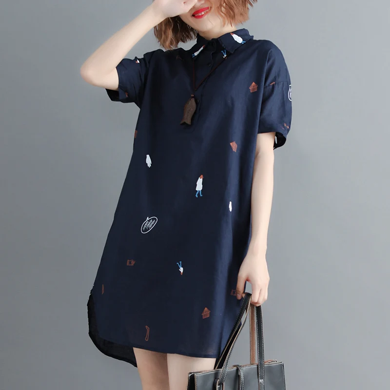 플러스 사이즈 여성 여름 느슨한 예술적 슬리밍 드레스 코튼 린넨 반소매 셔츠 드레스 스트레이트 컷 통근 스타일