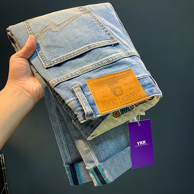 Summer Washed Jeans Men's Thin Light Straight-Leg Casual All-Match Mid-Waist Embroidered Stretch Slim Fit Skinny Pants