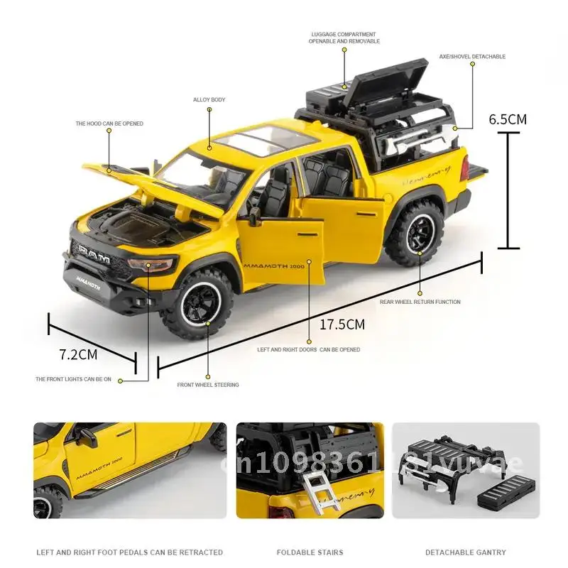 Dodge ram 1000 trx mamute 1:32 liga modelo de carro som e luz puxar para trás recurso brinquedo para crianças presente aniversário colecionável