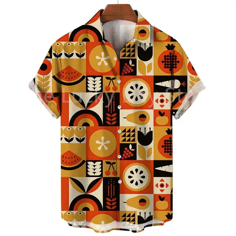 Men's Fashion Fruit Pattern Social Y2k Hawaiian Short Sleeve Shirt Floral Printed Casual Summer Vintage Clothing Top Harajuku