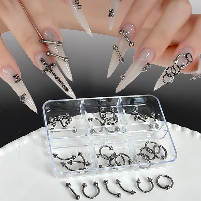 

Punk Metal Rivet Alloy Star Silver Bowknot Bead Spicy Girl Pearl Flower Bow Tie Ribbon Nail Art Accessories Decorations Manicure