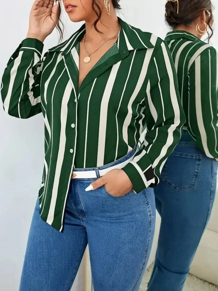 Plus Size Women Shirt 2025 New Women's Striped Printed Temperament Commuter Shirt Slim Women's Shirt Long Sleeve Streetwear Tops