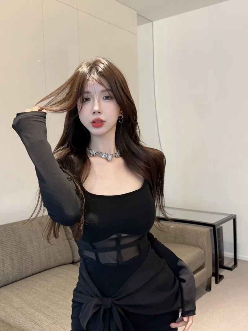 فستان ملهى ليلي أسود بأكمام طويلة ورقبة مربعة نحيف شفاف من خلال فستان قصير شبكي مثير للنساء #3