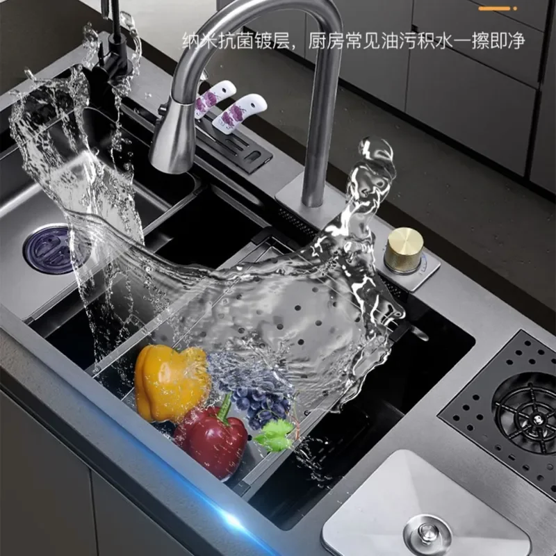 for 304 Stainless Steel Kitchen Sink with Trash Can Large Single Bowl Vegetable Washing Basin Dishwasher Compatible Cross