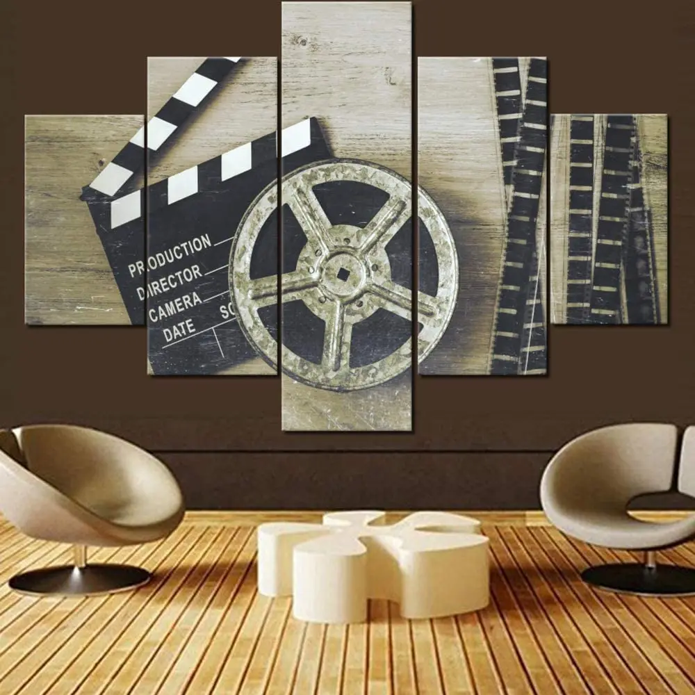 

No Framed Canvas 5Pieces Movie Theater Black and White Metal Film Reel Wall Print Art Posters Pictures Home Decor Room Paintings