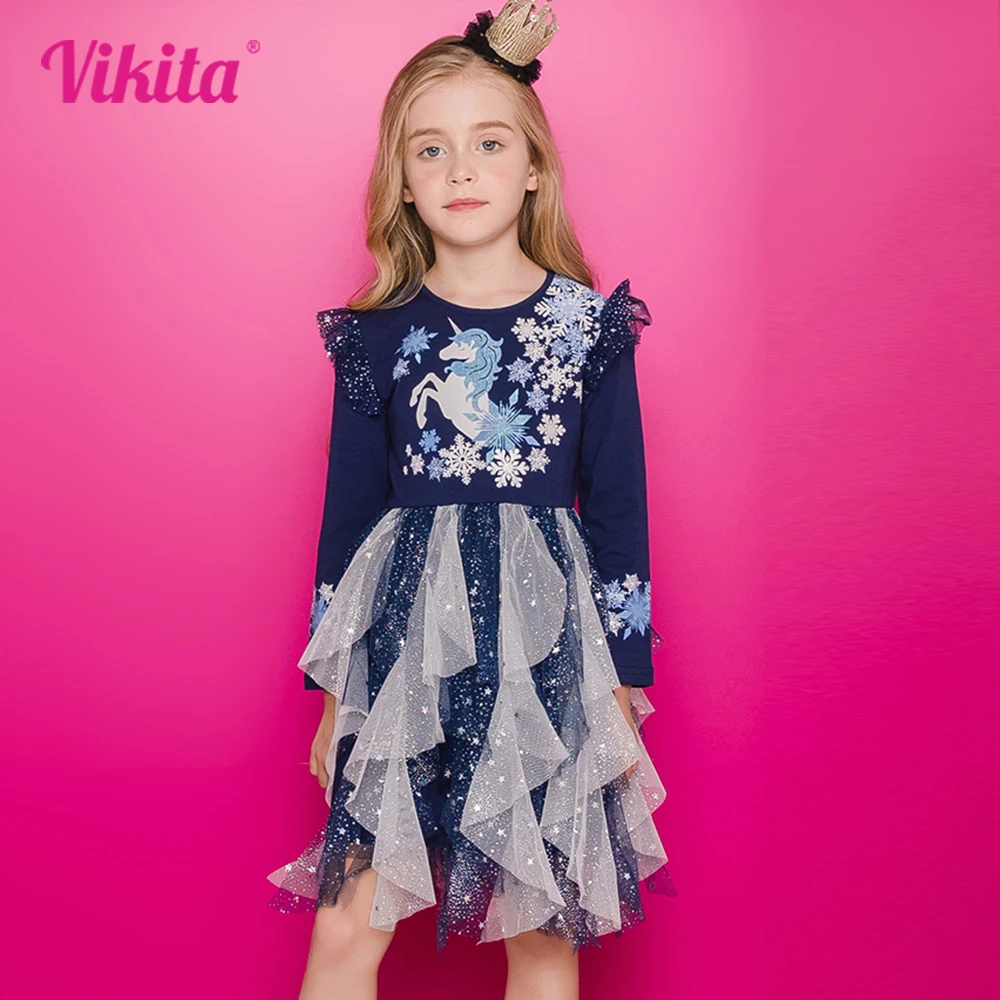 

VIKITA Girls Unicorn Print Dress Kids Snowflakes Christmas New Year Gift Vestidos Children Irregular Layered Flare Sleeve Dress